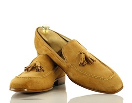 Handmade Men&#39;s Beige Suede Tassel Loafer Shoes, Men Dress Formal Fashion Shoes - $144.99