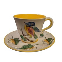 Italy 10oz Coffee Tea Cup &amp; Saucer Yellow Handpainted Bird Grapes Leaves Signed - £16.40 GBP