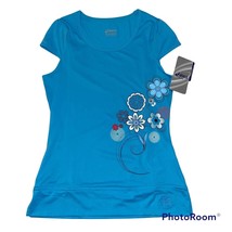 Asics Women&#39;s Blue Floral Print Cap Sleeve Shirt WR1187-4002 Size XS NWT - $17.99