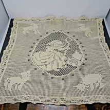 Vtg Filet Crochet Little Bo Peep Shepherdess Lambs Doily Table Cloth 25&quot;... - $18.80