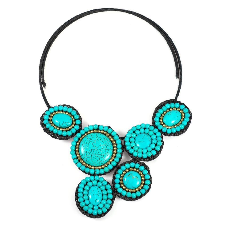 Mosaic Charm Round Turquoise- Brass Beads Cotton Rope Choker - $27.71