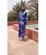 Blue cotton tropical women&#39;s kimono cover up, Maxi tropical embroidered ... - $175.81 CAD