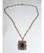 Vintage Coro 16&quot; Gold Tone Chain Necklace with Pendant Amethyst Rhinesto... - $1,115.86 MXN