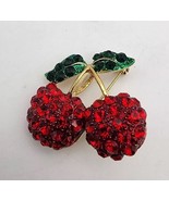 Red Rhinestone Cherries Green Rhinestone Leaves VTG BROOCH Signed 2011 FL - €30,14 EUR