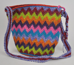 Woven Multicolor Rainbow Chevron Zigzag Bucket Bag Purse Sisal Zipper Top Cotton - £17.48 GBP