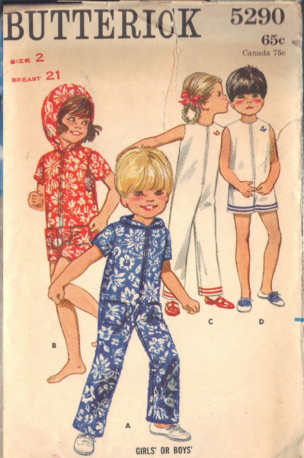 BUTTERICK PATTERN 5290 SIZE 2 BOYS&#39; OR GIRLS&#39; JUMPSUIT  2 LENGTHS  - $3.00