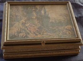 Antique Wooden Treasure Box – Velvet Lined – Glass Frame Top – Antique Paper Art - £38.93 GBP