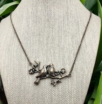 Vintage Lovebirds Pendant Necklace Sitting on Branch Rhinestone Accents - $13.89