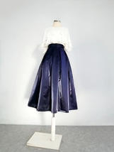 Women NAVY BLUE Satin Midi Skirt Pleated Midi Skirt Outfit Vintage Party Skirt  image 3