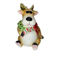 2004 Fitz and Floyd Reindeer Cookie Jar With Original Box 620/163 Candy Cane - $69.29