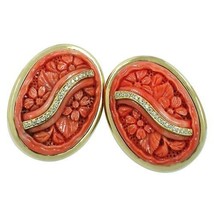 Carved Coral &amp; Diamond 18k Yellow Gold Clip-on Earrings - $6,174.66