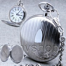 Pocket Watch Silver Color 47 MM Slim for Men  Roman Numbers Dial on Fob Chain 75 - £19.65 GBP