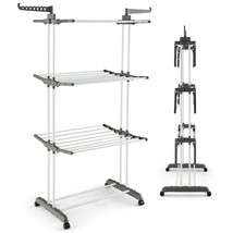 Folding 3-tier Clothes Drying Rack w/ Collapsible Shelves &amp; Rotatable Side Wings - £65.74 GBP