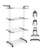 Folding 3-tier Clothes Drying Rack w/ Collapsible Shelves &amp; Rotatable Si... - £65.25 GBP