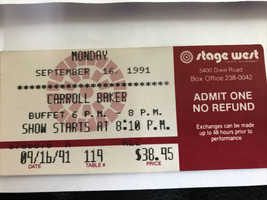 Carroll Baker Ticket Stub Stage Weat Toronto September 16 1991 - £8.14 GBP