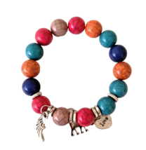 Women&#39;s  Charm Bracelet Silvertone Angel Wing Elephant Heart Multicolor Beads - $9.90