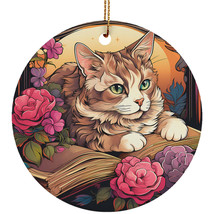 Funny Cat Book Ornament Colorful Stained Glass Art Flower Wreath Christmas Gift - £11.83 GBP