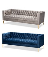 Glam Luxe Blue or Gray Velvet Button-Tufted Sofa Gold Legs - €1.052,96 EUR