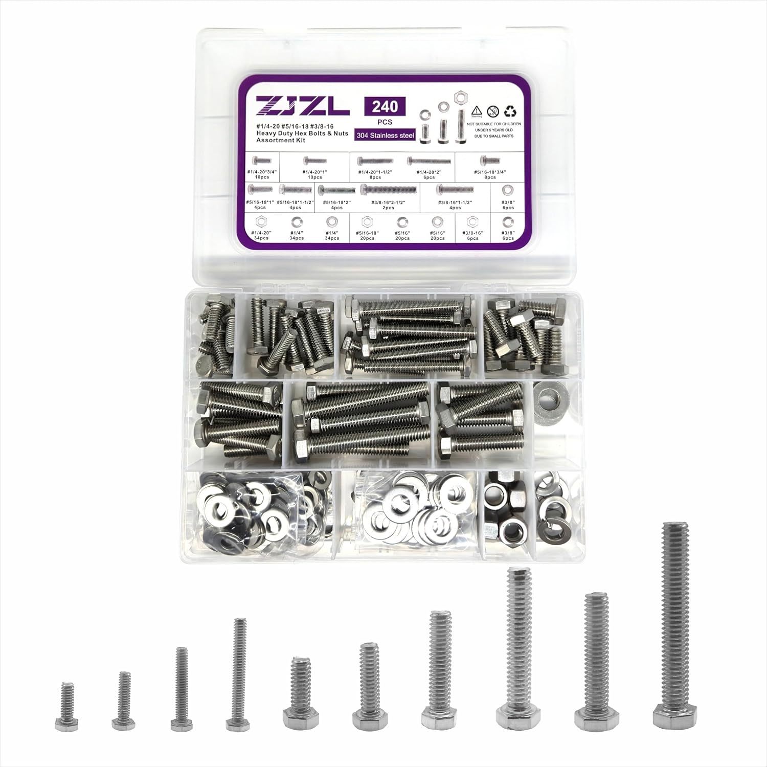 240Pcs Hex Head Bolts And Nuts Assortment Kit, 304 Stainless Steel 1/4&#39;&#39;... - $32.99