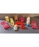 Vintage Plastic Wood Doll House Furniture Assorted Pieces With Baby Figures - $32.52