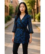 Silkland Womens Size Small Black &amp; Blue Wrap Blouse 100% Silk - $18.36
