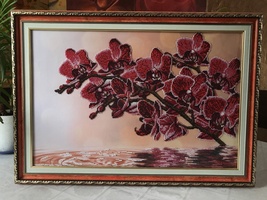 finished handmade painting “Pink orchid flowers “, embroidered with bead... - $195.00