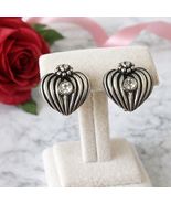Vintage Ribbed Heart Rhinestone Clip On Earrings Silver Tone Romantic Jewelry - $18.00
