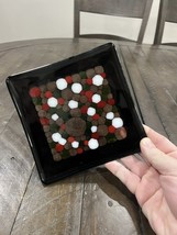MCM Vintage Fused Glass Bubbled Red White Black Green Square Trinket Tra... - $19.79