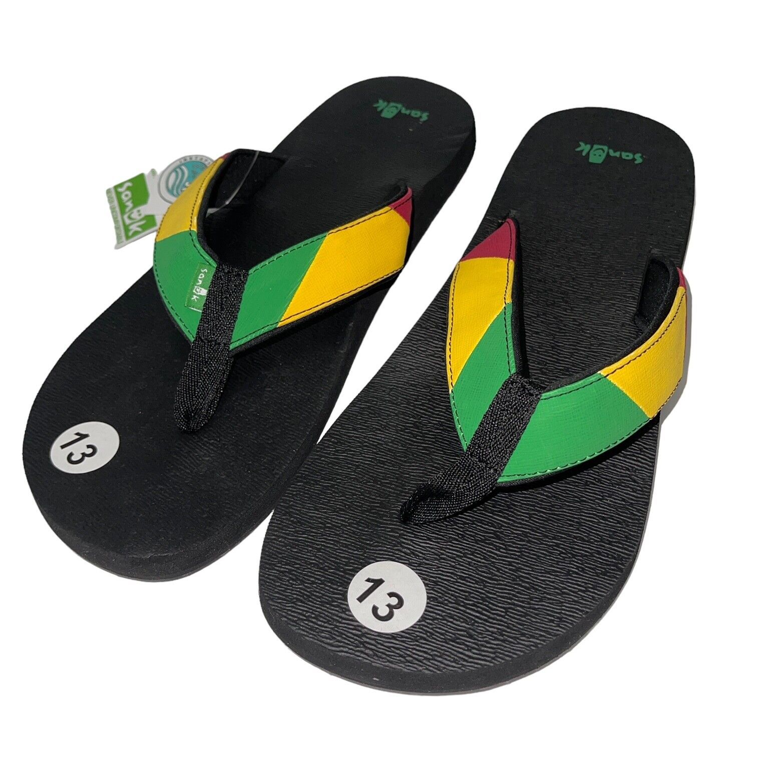 Primary image for Sanuk Flip Flops Mens Rasta Black Comfort Sandals Slippers Block Party Yoga Mat