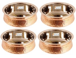 Set of 4 Prisha India Craft Handmade Steel Copper Casserole - Copper Serving Han - £80.64 GBP