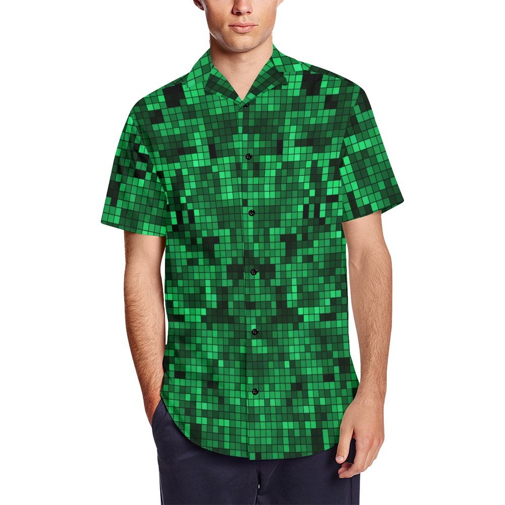Green Pixelate Geometry Men's Short Sleeve Shirt With Lapel Collar