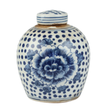 Blue and White Spotted Floral Porcelain Ginger Jar 6&quot; - £51.59 GBP