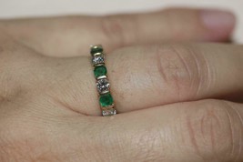 Fine 18K Yellow Gold Diamond Emerald Eternity Band Anniversary ring Size 6.5 - $1,702.75