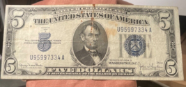 1934 D Blue Seal $5 Five Dollar Silver Certificate ..#U 95997334 A - $18.55