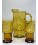 Vintage 1970&#39;s Libbey Country Garden Pitcher &amp; 2 Drink Glasses Amber Decor - $58.31 CAD