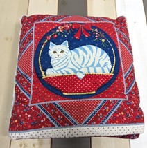 Cat Quillow Hand Made Sewn Quilt In A Pillow Floral Red Kitty Warm Holiday Gift - £51.25 GBP