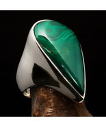 Minimalist mirror polished Green Pear Malachite Sterling Silver Ring - S... - £54.91 GBP