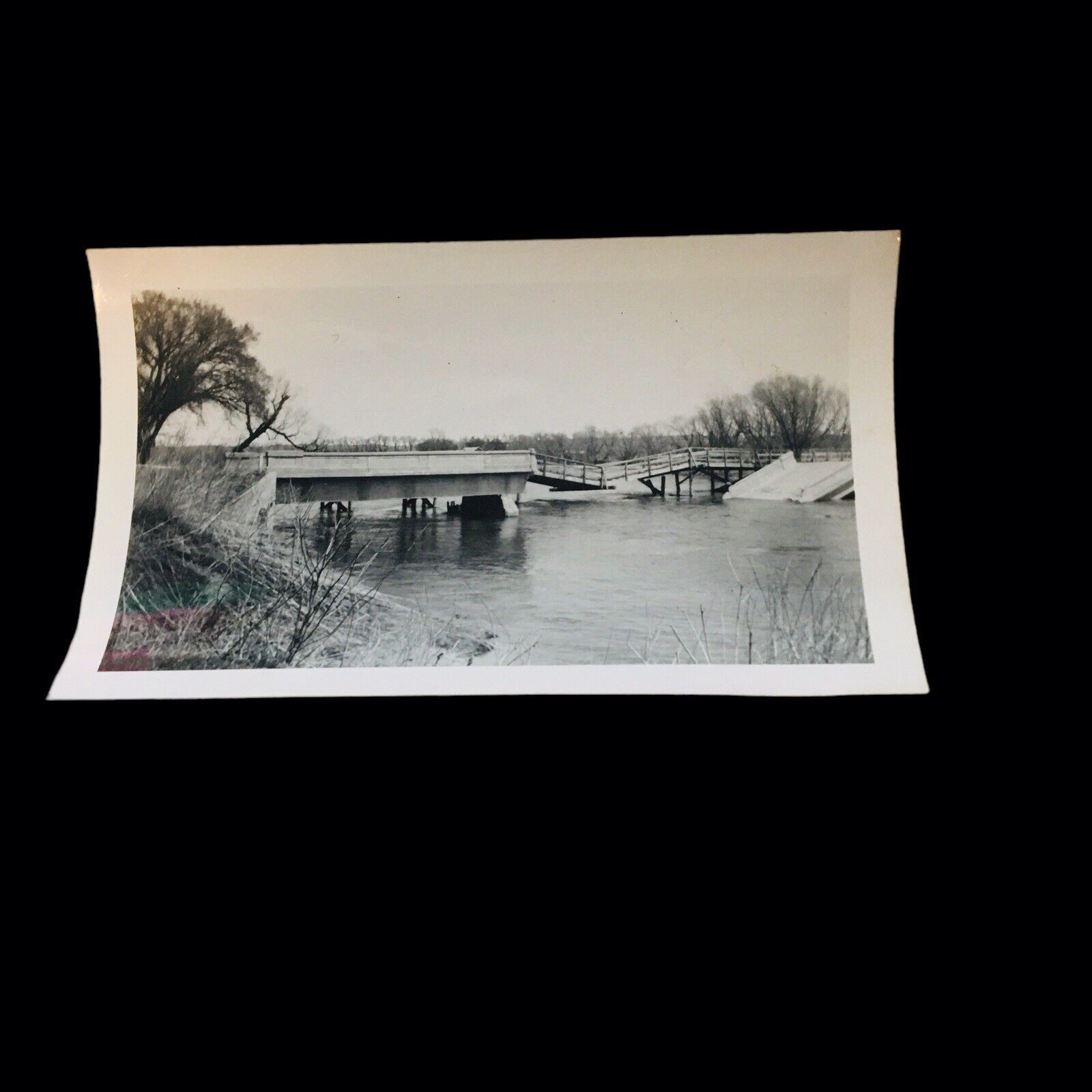 Old Photo Genuine 1930&#39;s/40&#39;s Snapshot Collapsed Bridge Rural 4.5&quot;x 2.5&quot;... - $42.70