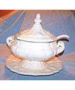 Vintage Japanese-Made White Fruit Embossed Soup Tureen w/Underplate, Ladle - £32.82 GBP