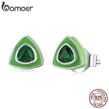 BAMOER 925 Silver Green Simple Triangle Stud Earrings for Women Bohemian Style E - $21.72