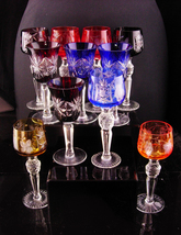 Vintage 11 pc Bohemian liquor set - colored etched goblets - vintage hand blown  - £414.79 GBP