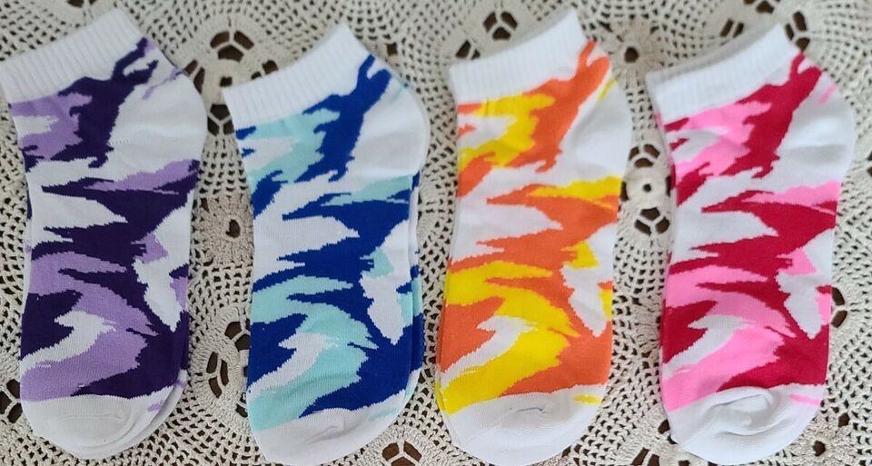 Four (4) Pair ~ YW Brand ~ Bright Camouflage ~ Womens&#39; Multicolored Ankl... - $14.96