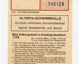 Olympia Schwimmhalle Munich Germany Receipt 1976 Olympiapark Munchen - £13.97 GBP