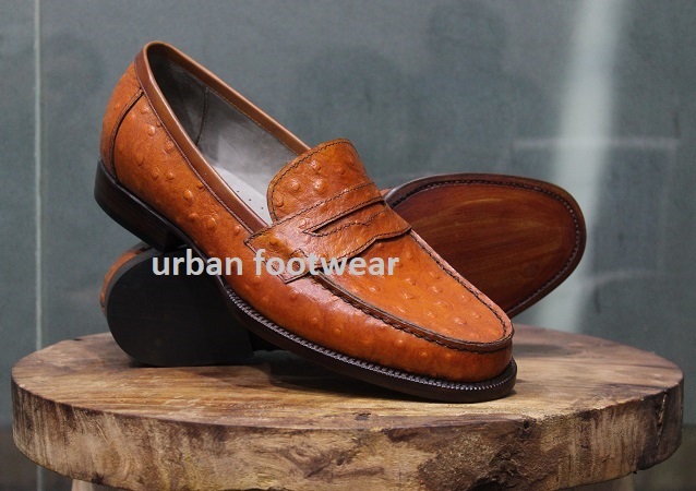 Mens New Formal Handmade Genuine Orange Ostrich Leather Loafers & Slip On