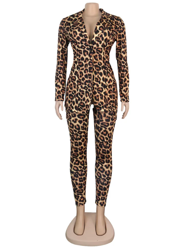 Leopard Camo Printed Vintage 2 Piece Outfit Women Long Sleeve Blazer Top+Long So - £118.10 GBP