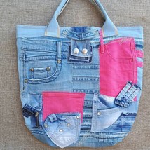 Handmade youth summer bag in recycled prepped denim paired with patchwork pink - £78.85 GBP