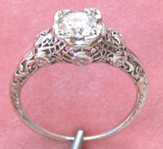 Antique Floral Filigree .70 Ct Diamond White 18K Solitaire Engagement Ring 1920 - £2,127.97 GBP