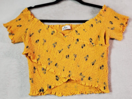 Hollister Cropped Top Women Medium Yellow Floral 100% Cotton Short Sleeve V Neck - £10.07 GBP