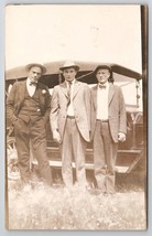 RPPC Three Handsome Men Pose With Automobile c1920 Real Photo Postcard P25 - £7.82 GBP