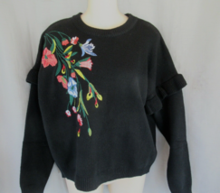 Woven Heart sweater crew neck M black embellished flowers ruffle long sleeve New - £17.33 GBP